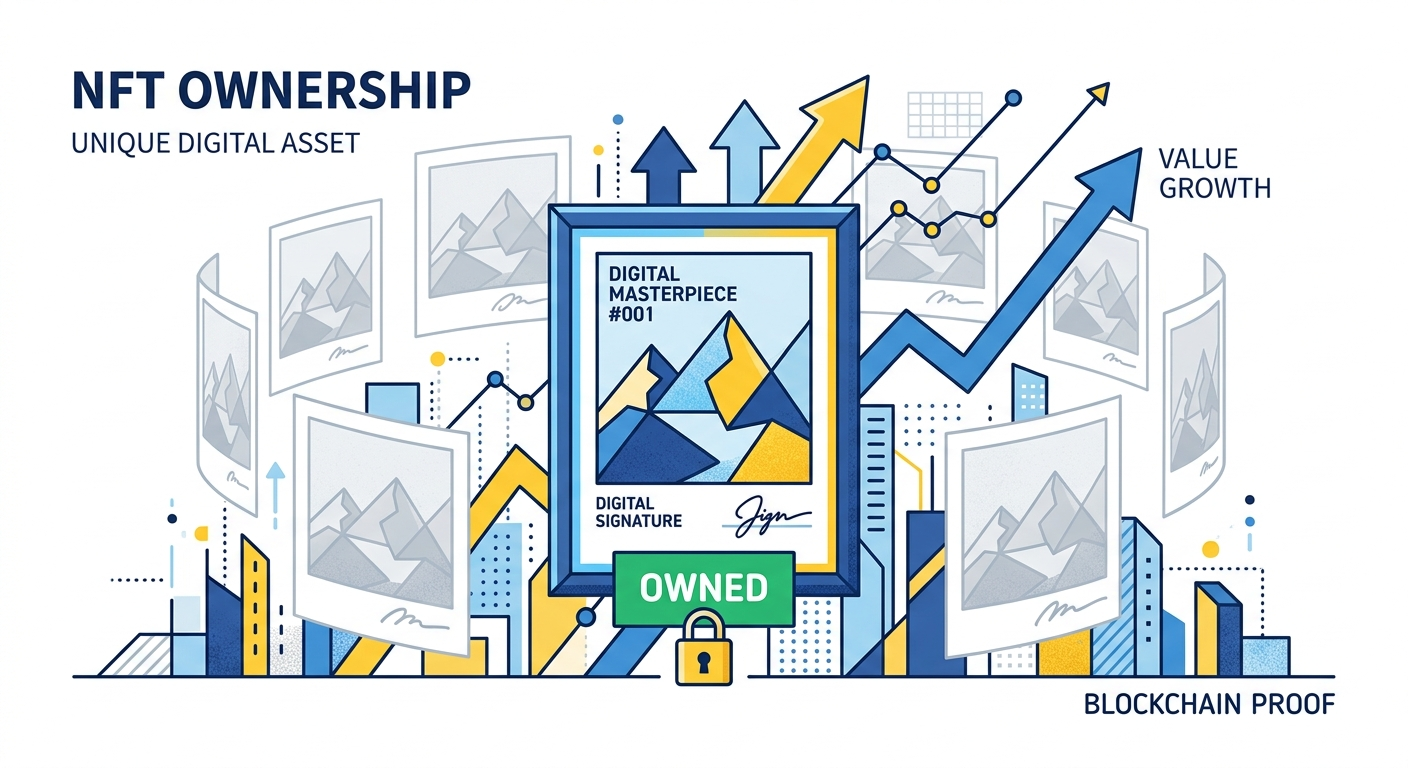 NFT কী বোঝাতে ডিজিটাল মালিকানার ধারণা, একটি ছবি ও তার মালিকানার ভিজ্যুয়াল ব্যাখ্যা