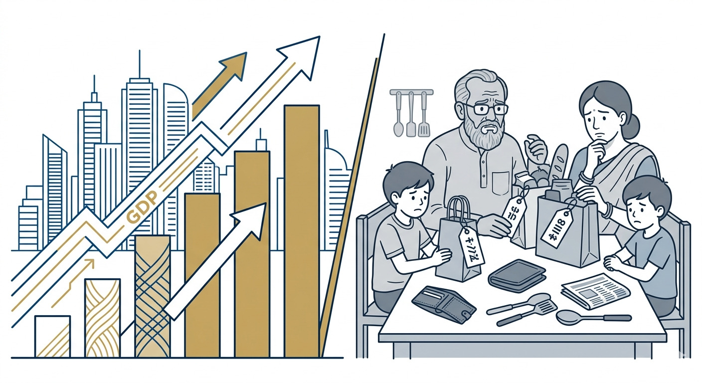 বাংলাদেশের অর্থনীতি — একদিকে GDP প্রবৃদ্ধির গ্রাফ, অন্যদিকে মধ্যবিত্ত পরিবারের আর্থিক চাপের দৃশ্য